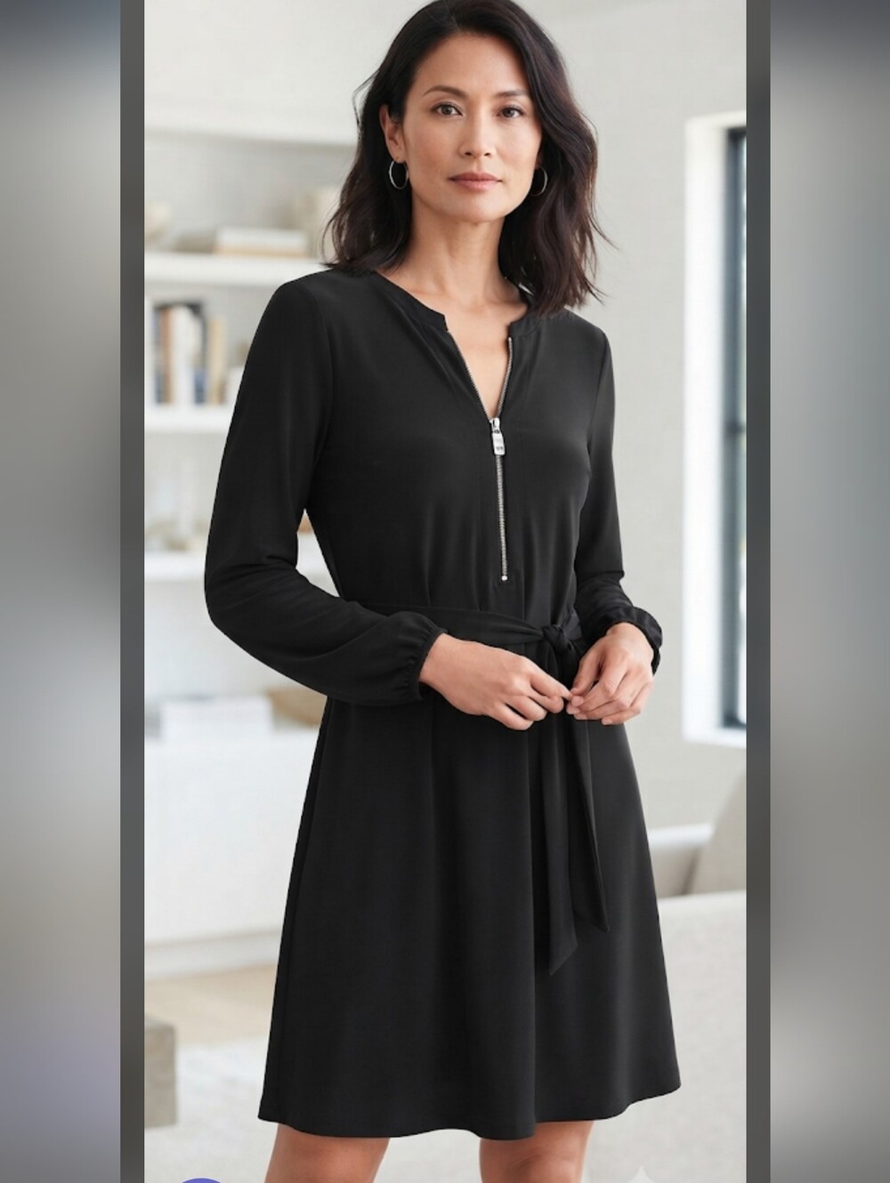 Michael Michael Kors Black Long-Sleeve Zip Front Dress with Waist Tie